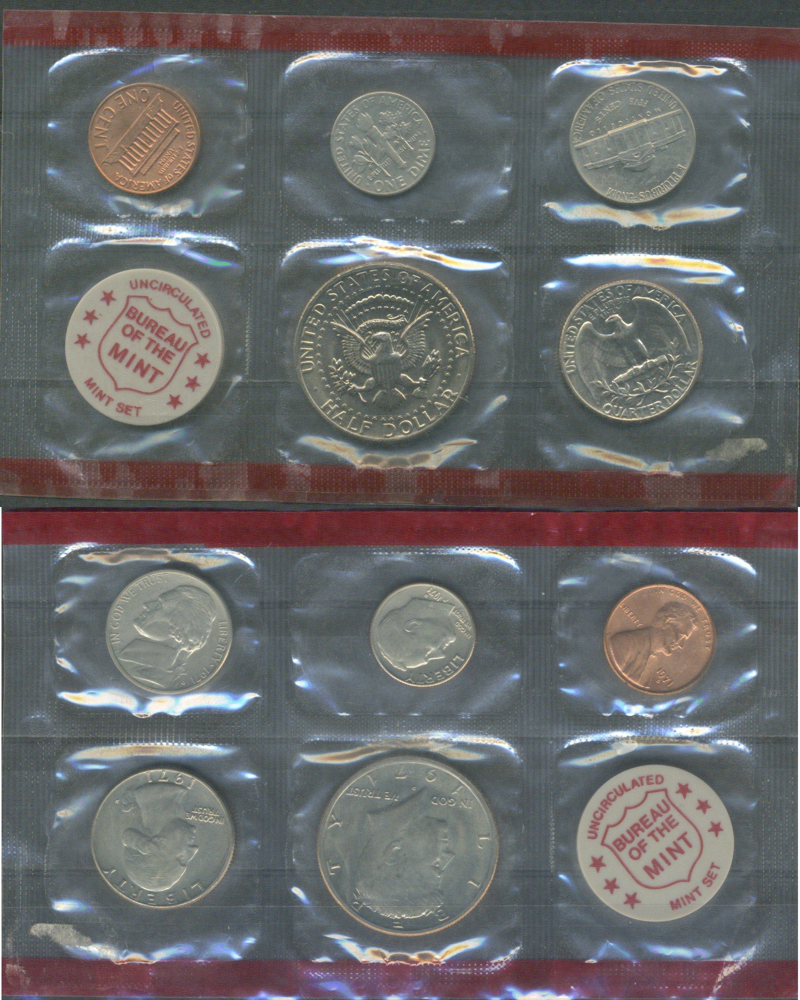 США набор из 5 монет (1, 5, 10 (дайм), 25 (квотер, 1/4 доллара) и 50 (1/2 доллара) центов) и отметки монетного двора 1971 D, в оригинальной упаковке, в запайке KM MS131 (164a, A192, 195a, 201 и 202b) UNC 8-2-06-11