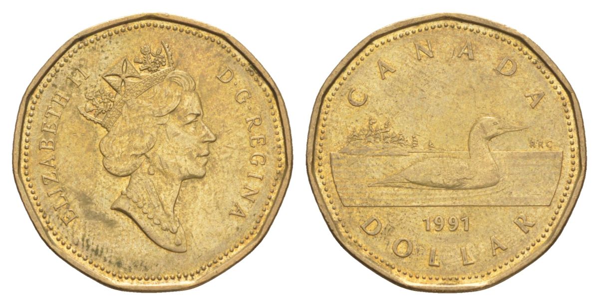 Канада 1 доллар 1991 Елизавета II (1952-2022), утка KM 186 никель плакированный позолоченной бронзой 4631-752