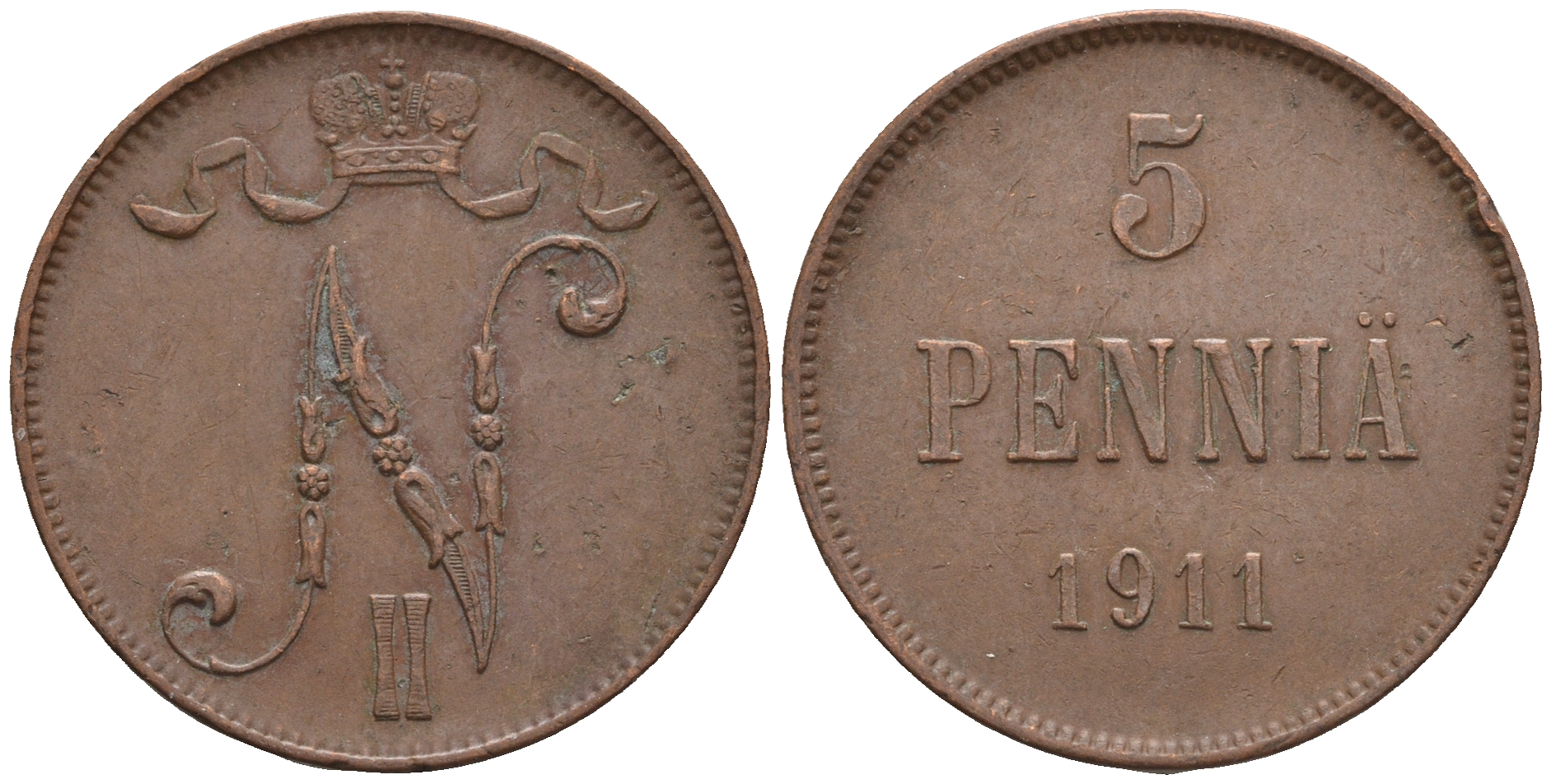 Россия для Финляндии 5 пенни 1911 Николай II (1894-1917) KM 15, Биткин 451 медь 85-317