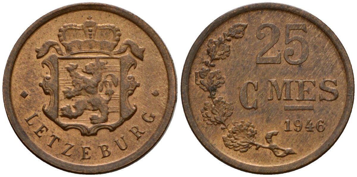 Люксембург 25 сантимов 1946 Шарлотта (1918-1964) KM 45 бронза 4115-828