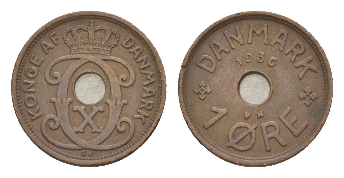 Дания 1 эре 1936 N, Кристиан X (1912-1947) KM 826 бронза 4639-713