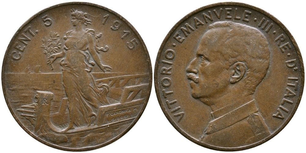 ИТАЛИЯ 5 ЧЕНТЕЗИМО 1915 ВИТОРИО ИММАНУИЛ III KM 42 бронза 87-1235