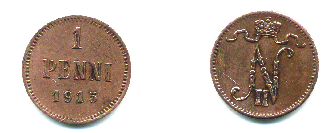 РОССИЯ ДЛЯ ФИНЛЯНДИИ 1 ПЕННИ 1915 НИКОЛАЙ II KM 13, Биткин 475 медь 4383-131