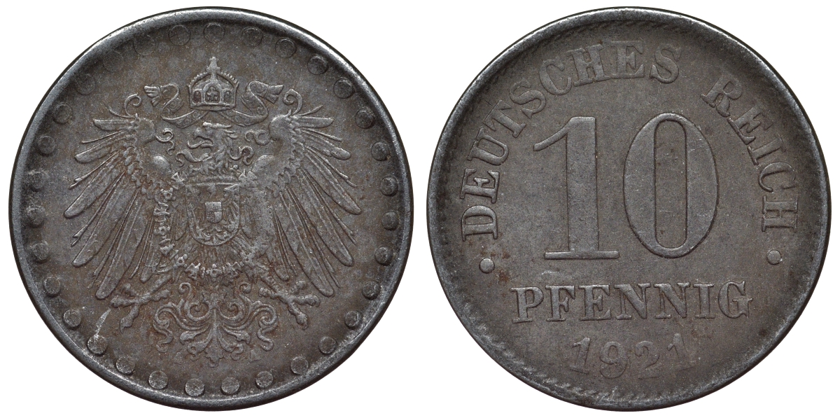 Германия 10 пфеннигов 1921 A KM 20, J. 298 железо 4119-243