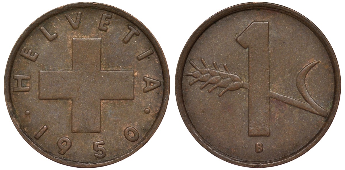 Швейцария 1 раппен 1950 в KM 46 бронза 4124-524