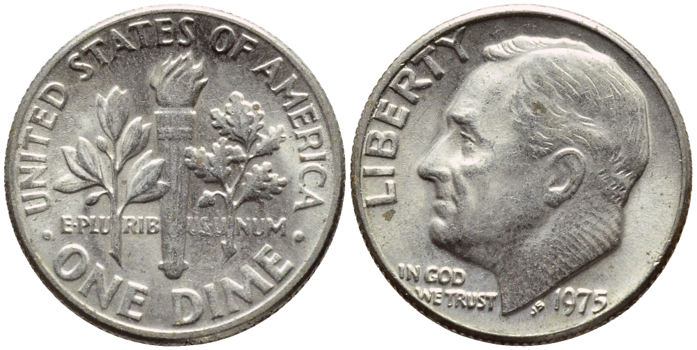 США 10 ЦЕНТОВ = 1 ДАЙМ 1975 РУЗВЕЛЬТ KM 195а медь плакированная медно-никелем 4396-441