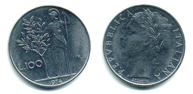 ИТАЛИЯ 100 ЛИР 1974 R, АФИНА KM 96.1 нержавеющая сталь 59-621