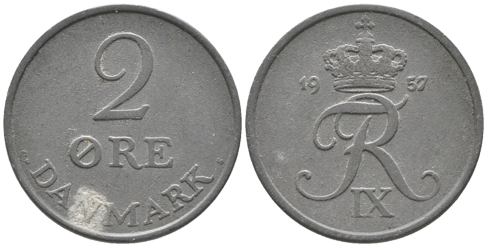 ДАНИЯ 2 ЭРЕ 1957 C; S, ФРЕДЕРИК IX (1947-1972) KM 840.2 цинк 34-511