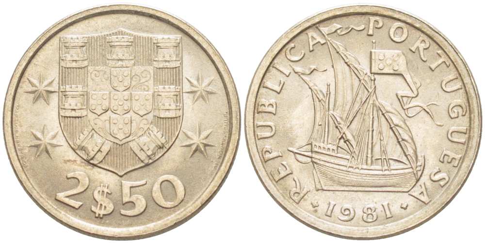 ПОРТУГАЛИЯ 2,5 ЭСКУДО 1981 ПАРУСНИК KM 590 медно-никель UNC 4513-1154