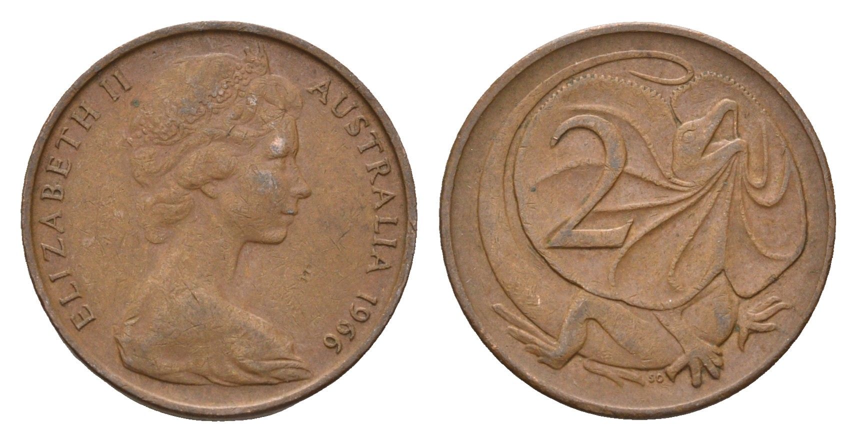 Австралия 2 цента 1966 Елизавета II (1952-2022), плащеносная ящерица KM 63 бронза 4669-1162