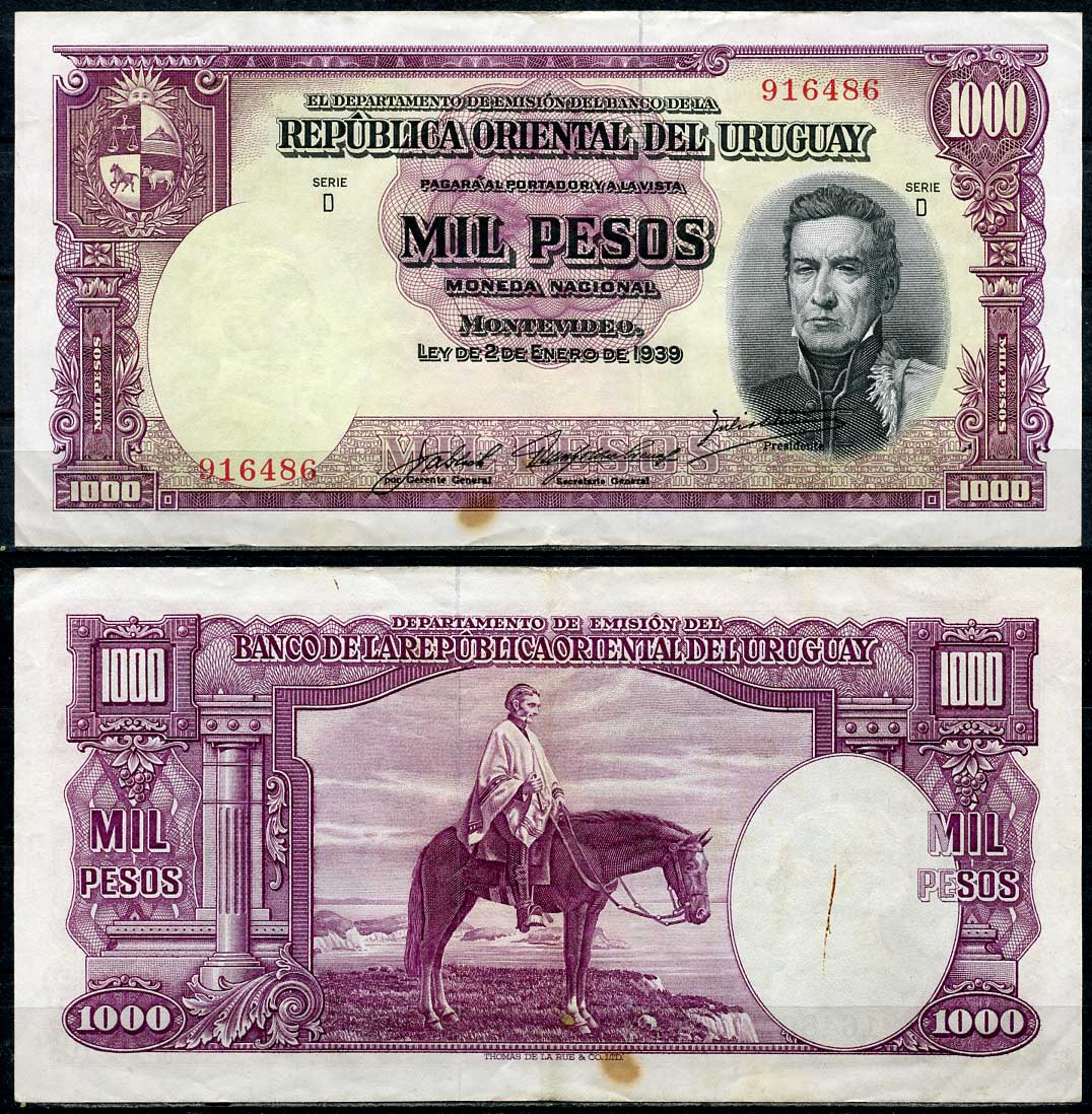 Уругвай 1000 песо 1939 Хосе Хервасио Артигас, генерал на коне, серия D Pick 41 c  бумага   444-135-2-2