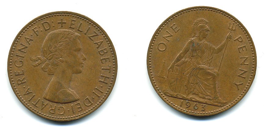 Великобритания 1 пенни 1963 Елизавета II (1952-2022) КМ 897, Spink 4157 бронза 4110-334