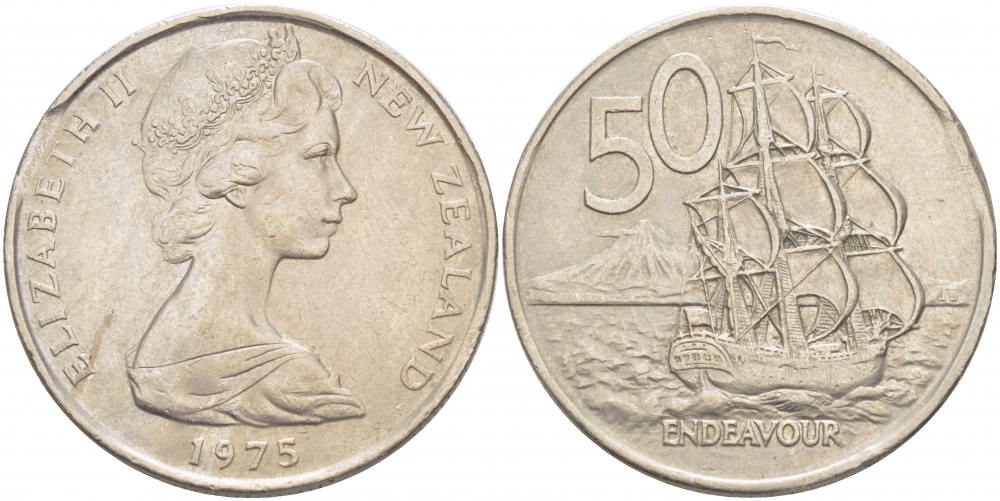 Новая Зеландия 50 центов 1975 Елизавета II (1952-2022), парусник Индевор KM 37.1 медно-никель 215-146