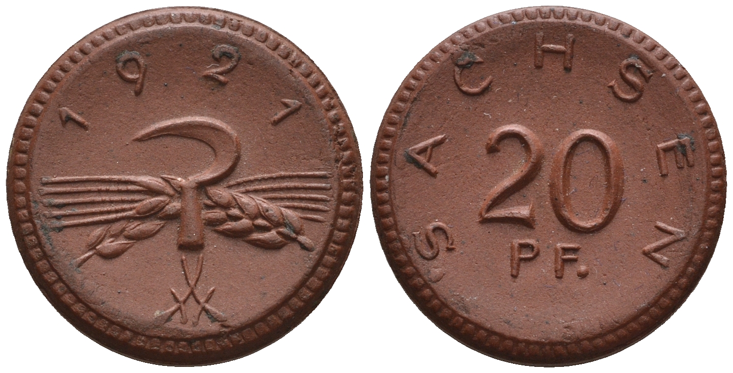 Саксония 20 пфеннигов 1921 колосья и серп J. N 53 фарфор UNC 1094-8-64