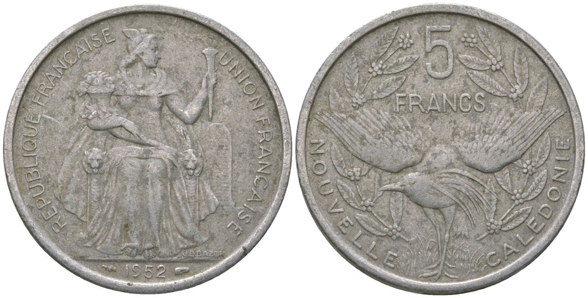 Французская Новая Каледония 5 франков 1952 птица кагу, (IEOM) KM 4, Schoen 4, Lec 71 алюминий 180-141