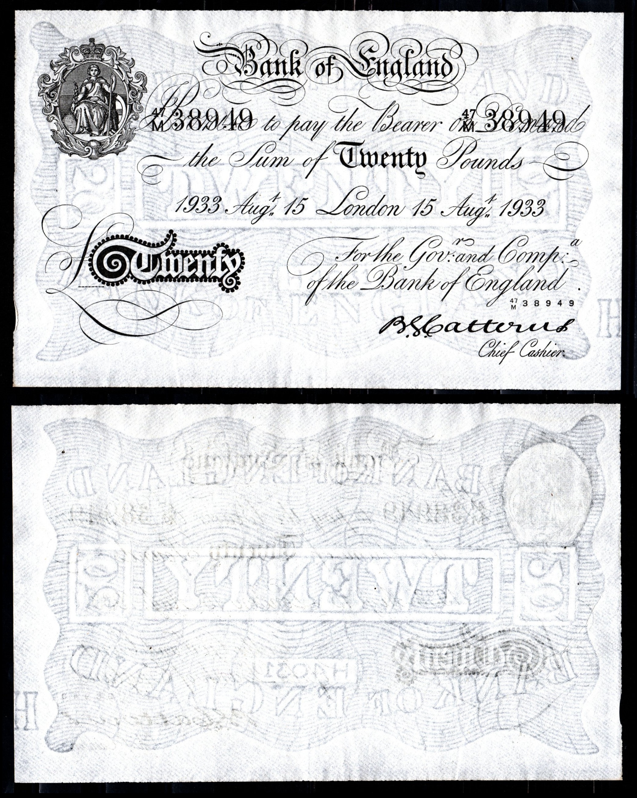 Англия 20 фунтов 1933 Лондон, 15 августа, Операция "Бернхард", фальшивка в ущерб денежному обращению Pick 330 x  бумага   451-1177-1-2