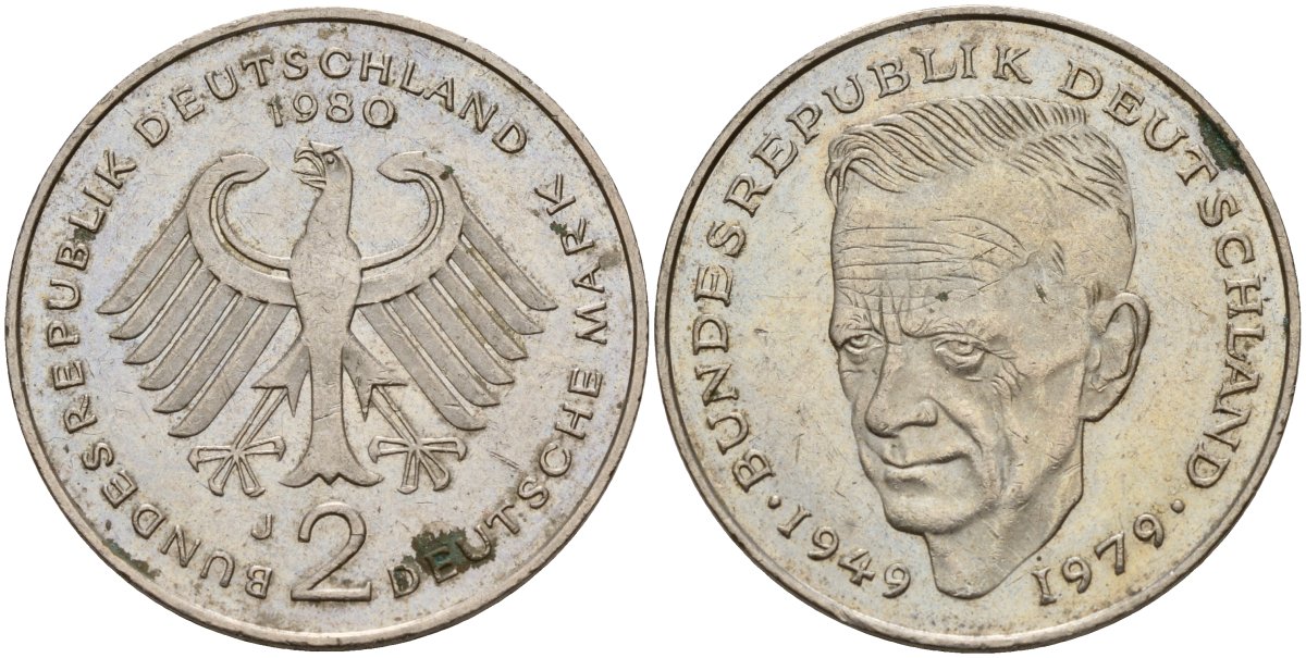 ФРГ 2 марки 1980 J, Курт Шумахер KM 149, J. 424 медно-никель 4159-1246