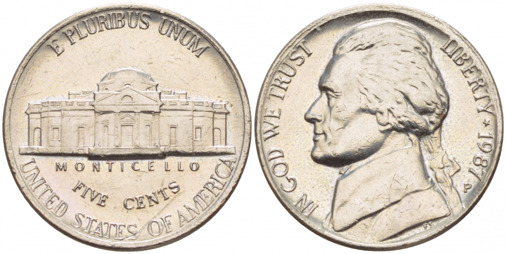 США 5 ЦЕНТОВ 1987 P ДЖЕФЕРСОН KM А192 медно-никель 4546-1215