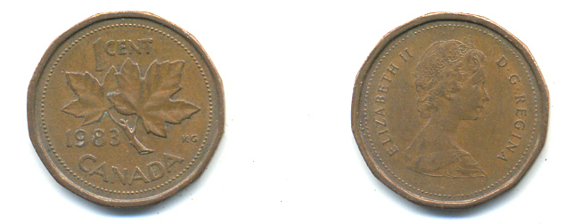 КАНАДА 1 ЦЕНТ 1983 ЕЛИЗАВЕТА II, КЛЕНОВЫЙ ЛИСТ KM 132 бронза 177-1411