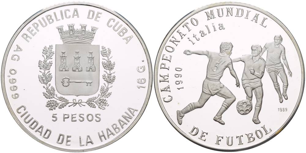 Куба 5 песо 1989 чемпионат мира по футболу в Италии 1990 года, три игрока KM 225 серебро PROOF 11-085-33