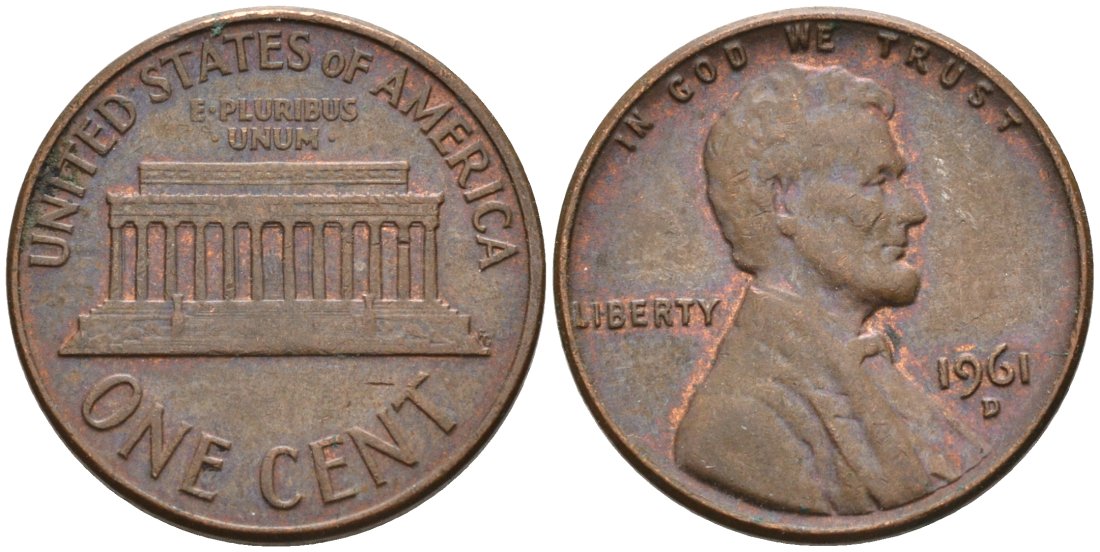 США 1 цент 1961 D, Авраам Линкольн KM 201 медь цинк 4564-348