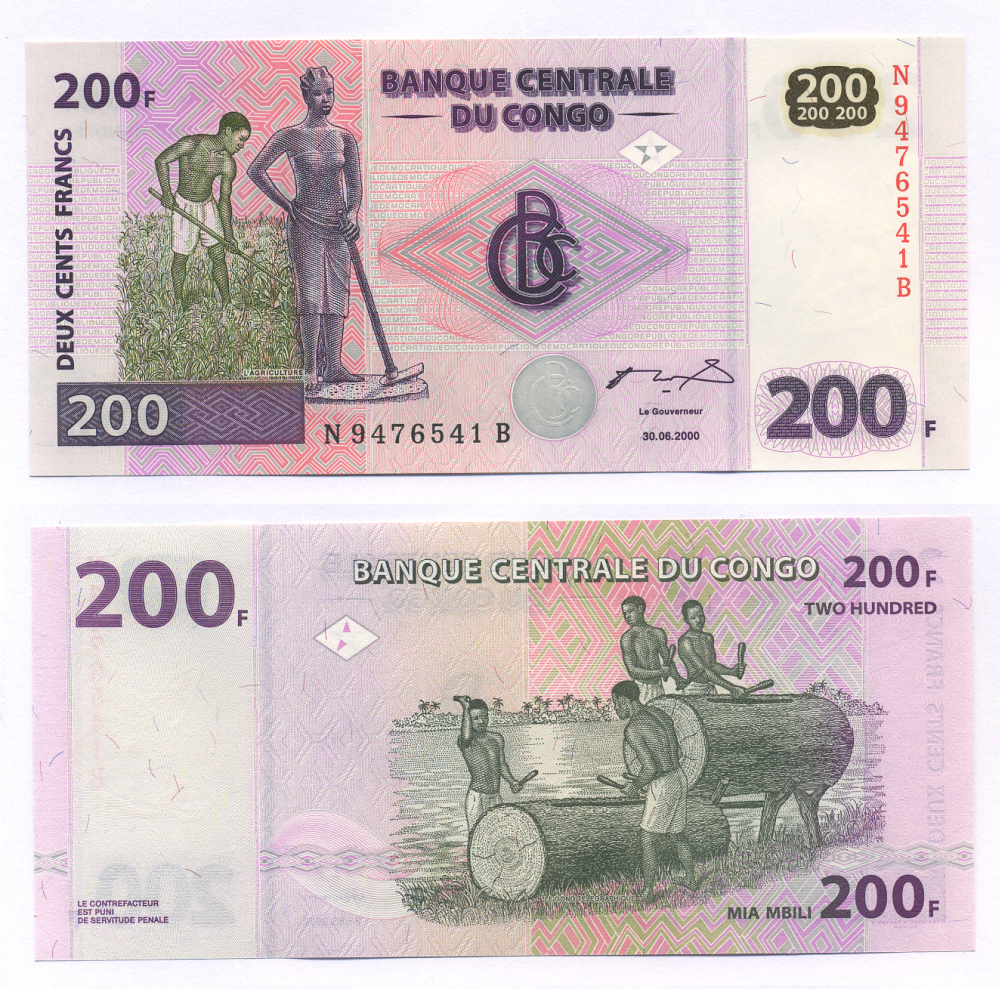 КОНГО 200 ФРАНКОВ 2000 (2006) СЕРИЯ N-B Pick 95A бумага UNC (ПРЕСС) 7547-57-2-1