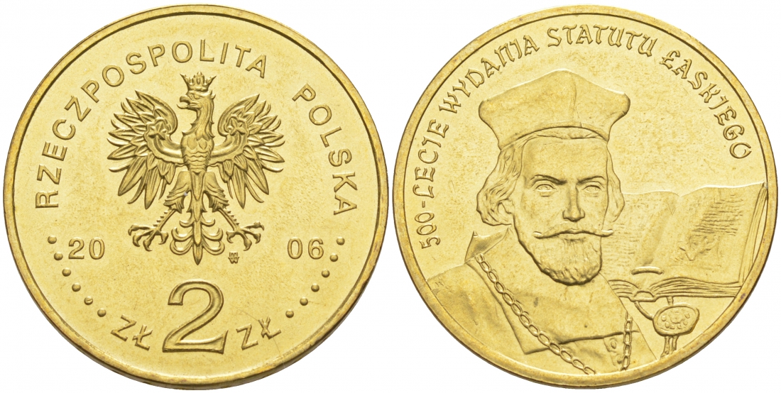 Польша 2 злотых 2006 MW, 500 лет провозглашения статута Яна Лаского KM 574 латунь UNC 69-1043