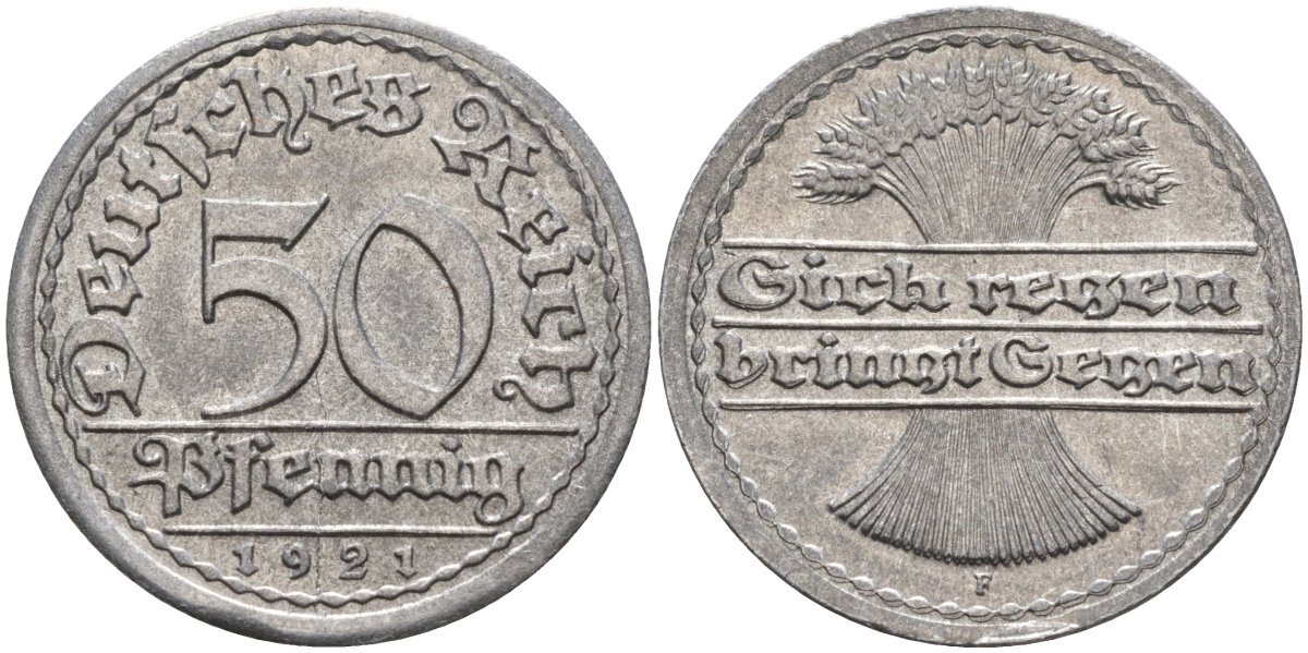 Германия 50 пфеннигов 1921 F KM 27, J.301, Weege 10 алюминий UNC 4584-746