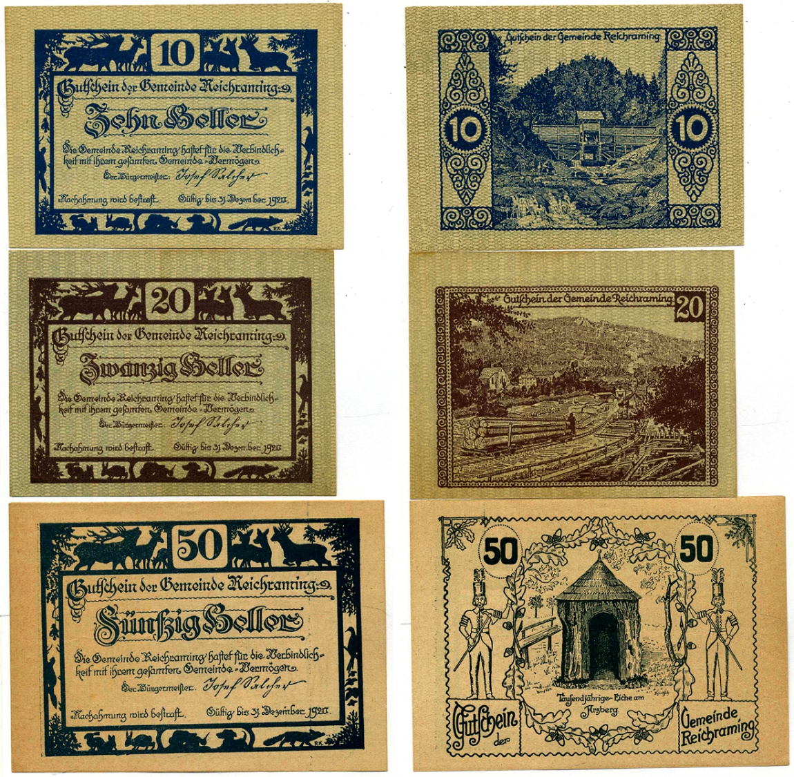 РАЙХРАМИНГ, АВСТРИЯ НАБОР ИЗ 3 БАНКНОТ (10, 20, 50 ГЕЛЛЕРОВ) 1920 НОТГЕЛЬД, КОММУНА В ВЕРХНЕЙ АВСТРИИ бумага UNC (ПРЕСС) 7218-7-3