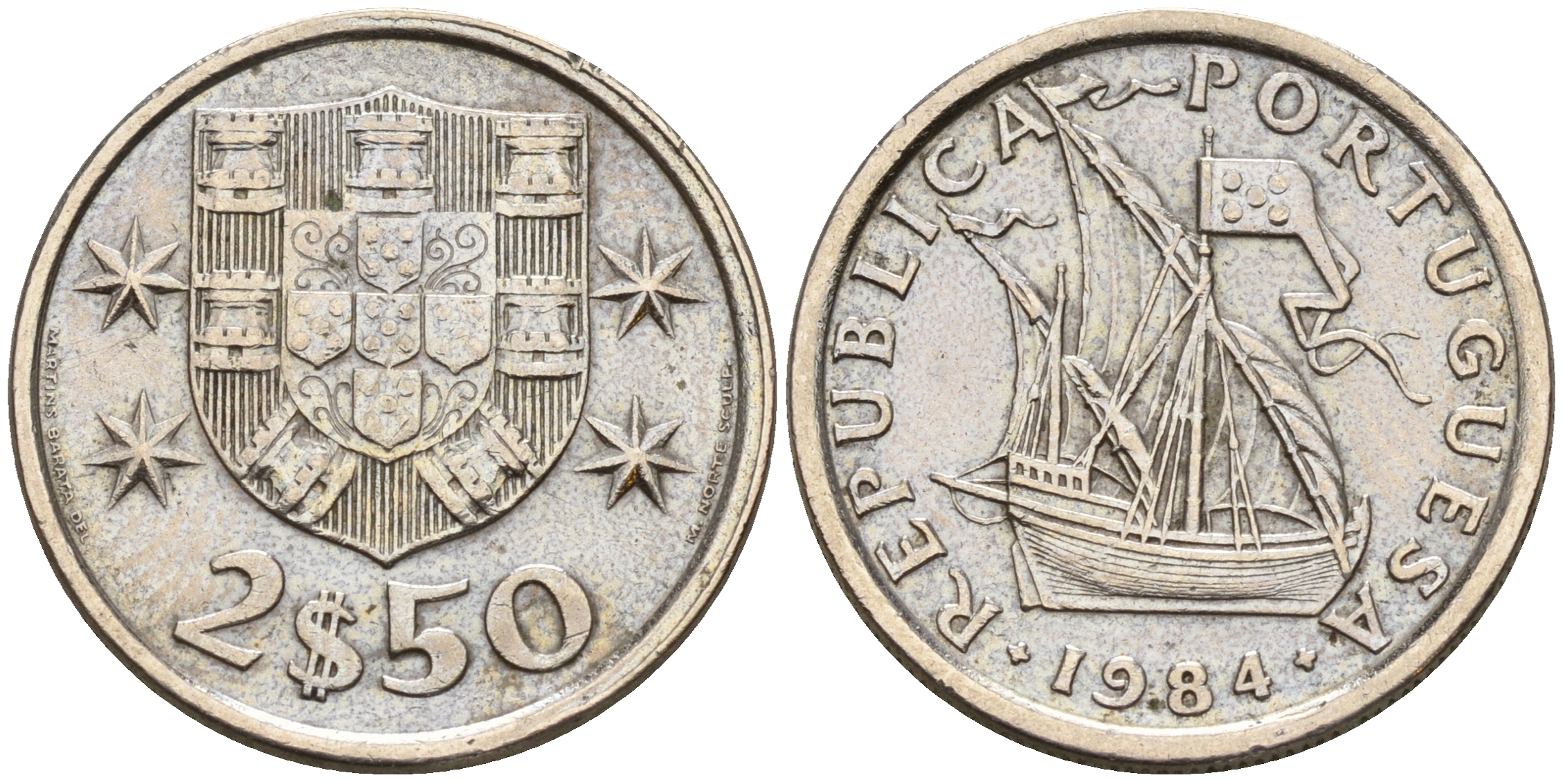 Португалия 2,5 эскудо 1984 парусник KM 590 медно-никель    4160-1229