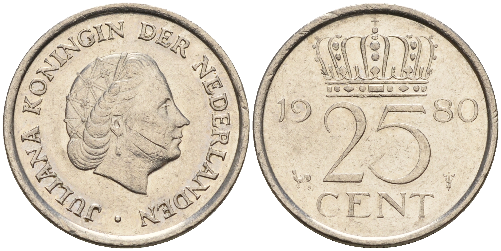 Нидерланды 25 центов 1980 Юлиана (1949-1980) КМ 183 никель    4124-159