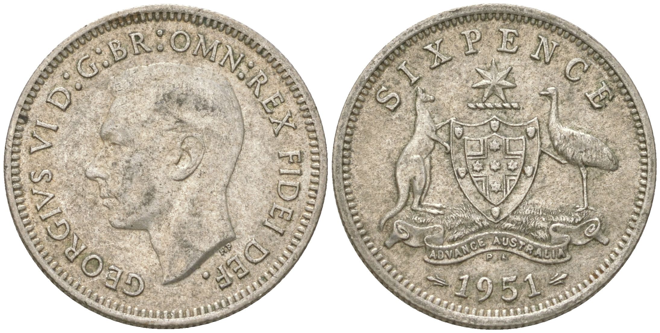 Австралия 6 пенсов 1951 PL, Георг V (1936-1952) KM 45 серебро 4623-241