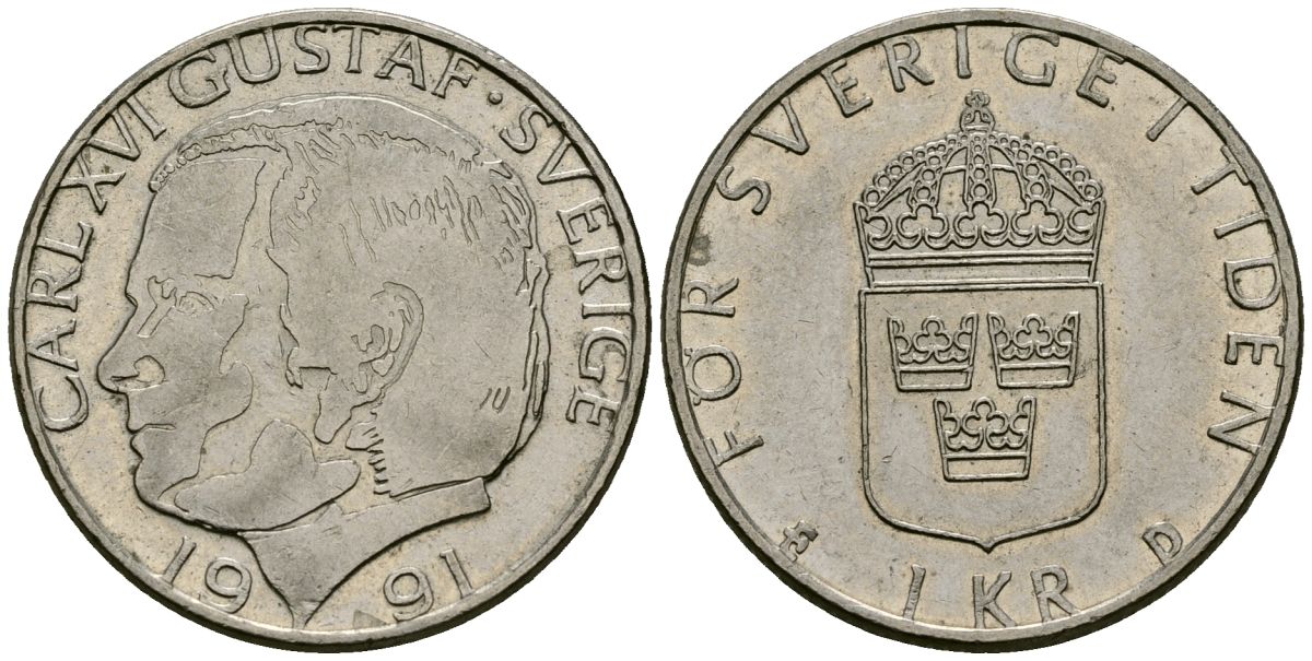 Швеция 1 крона 1991 Карл XVI Густав (1973- ) KM 894 медно-никель 4138-956