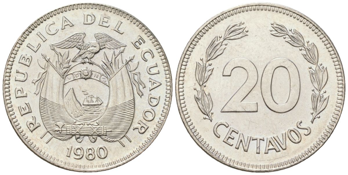 Эквадор 20 сентаво 1980 KM 77.2a сталь плакированная никелем aUNC 4611-715