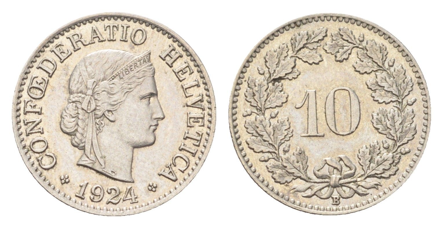 Швейцария 10 раппенов 1924 B KM 27 медно-никель 4708-138