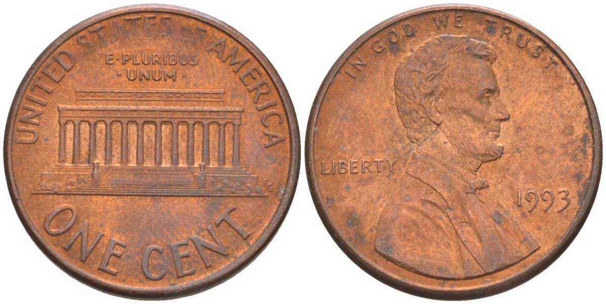 США 1 цент 1993 Авраам Линкольн KM 201b цинк плакированный медью 187-341