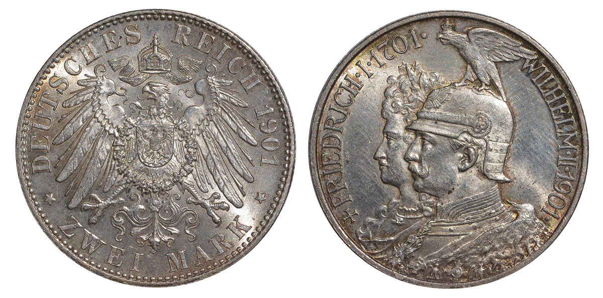 Пруссия 2 марки 1901 A, 200 лет Прусской королевской династии (Фридрих I - Вильгельм II) J.105, Weege 105, KM 525 серебро aUNC 413-1235