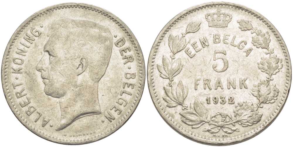 БЕЛЬГИЯ 5 ФРАНКОВ 1932 АЛЬБЕРТ I, DER BELGEN KM 98 никель 3851-421