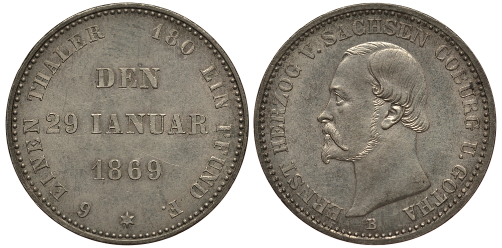 Саксен-Кобург-Гота 1/6 талера 1869 B, 25 лет правления, Эрнст II (1844-1893) KM 119 серебро UNC 00-000-00