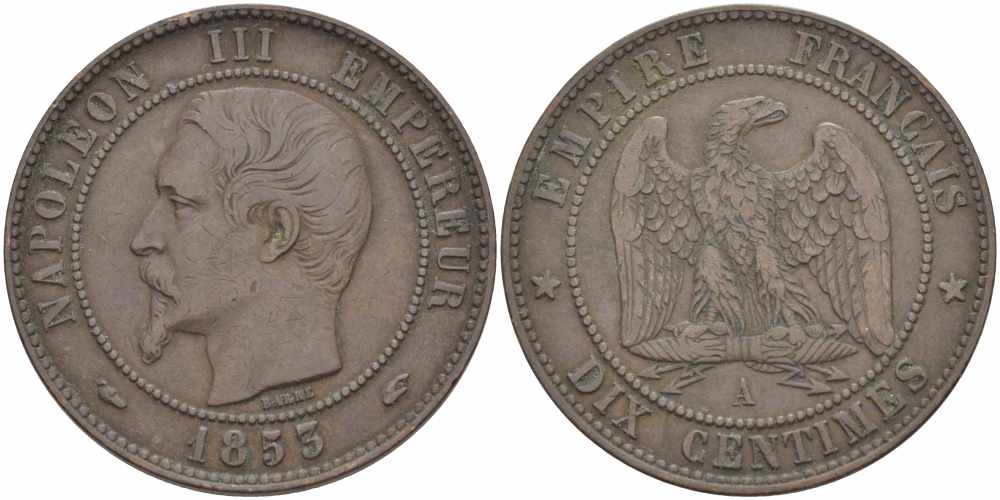 Франция 10 сантимов 1855 A, Наполеон III (1852-1870) KM 771.1, Le Franc 133.18 бронза    4680-523