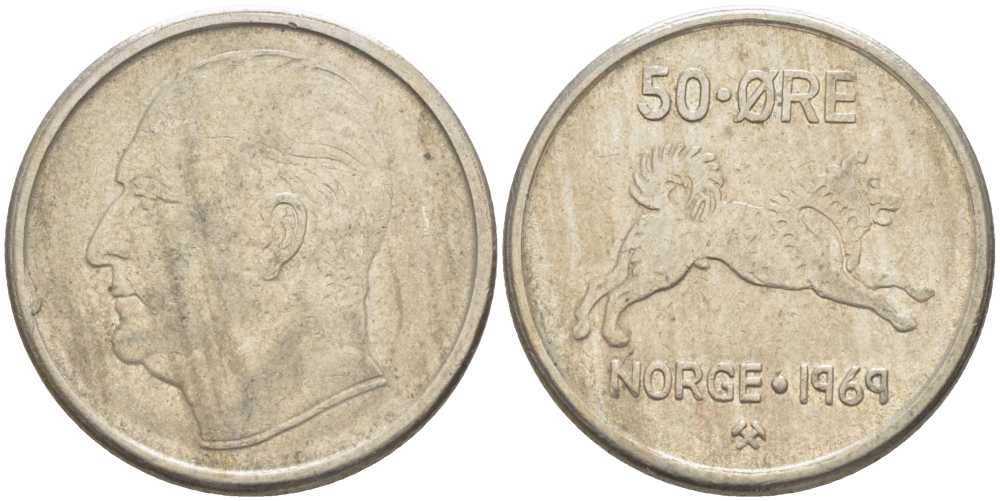 Норвегия 50 эре 1969 Улаф V (1957-1991), собака KM 408 медно-никель 4402-127
