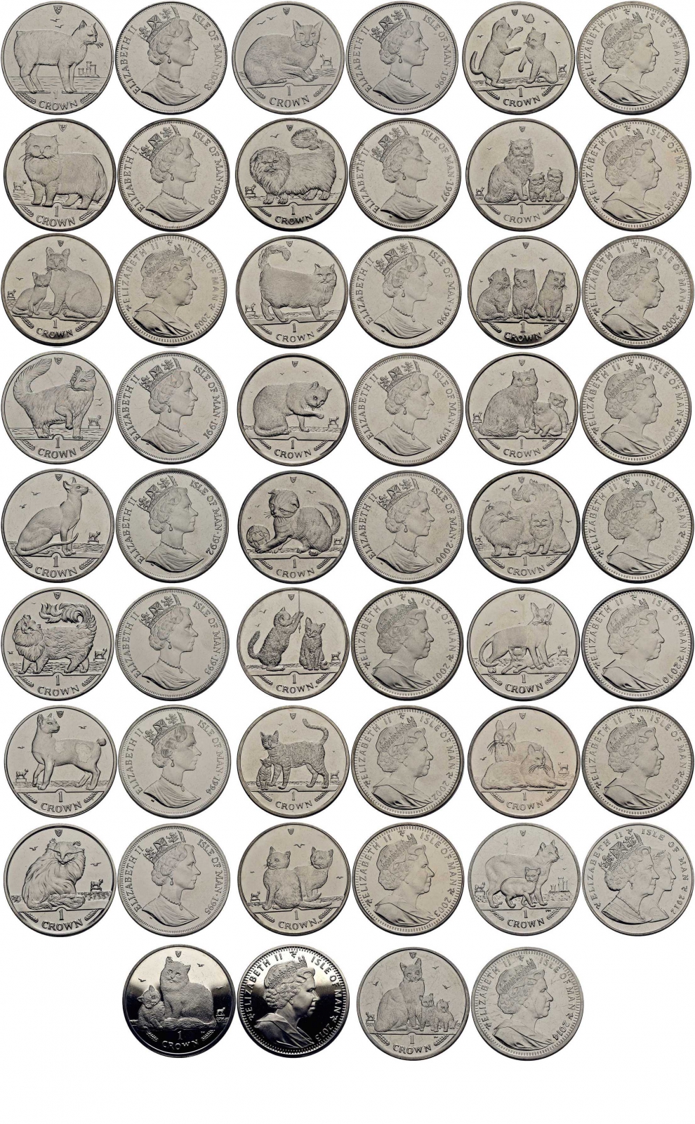 Остров Мэн коллекция из 26 монет по 1 кроне 1988-2014 кошки Мэна (нет 1990) медно-никель UNC M92-21