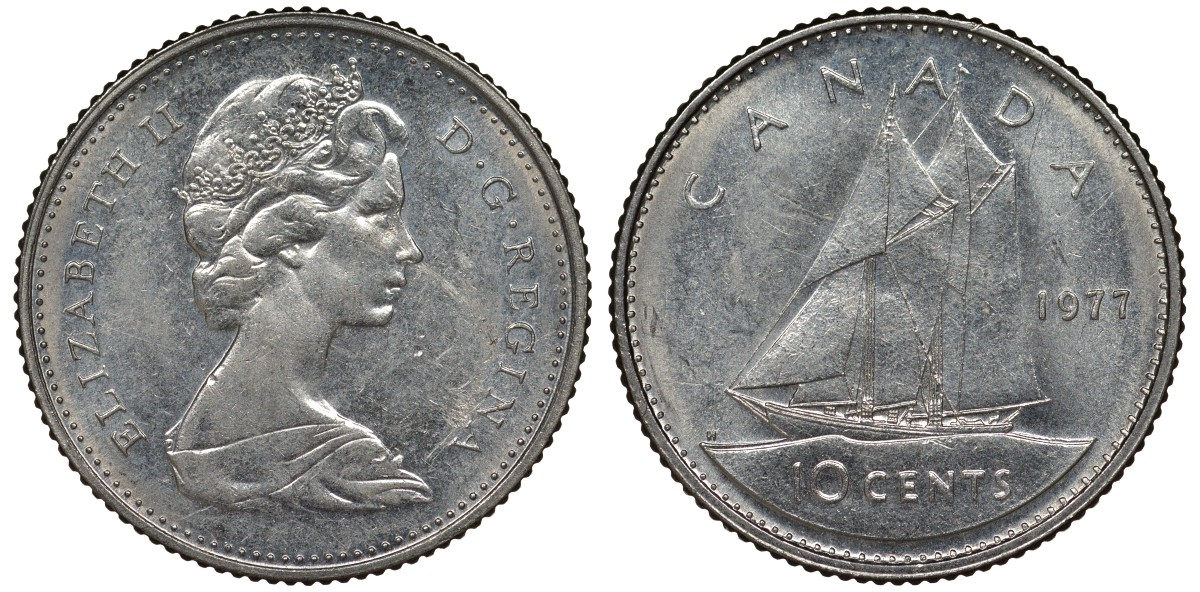 Канада 10 центов 1977 Елизавета II (1952-2022), парусник KM 77.1 никель 4124-517