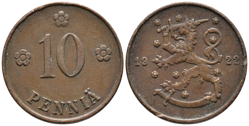 Финляндия 10 пенни 1922 республика (1918-1962) KM 24 медь 34-1037