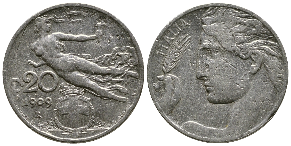 Италия 20 чентезимо 1909 R, Виктор Эммануил III (1900-1946) KM 44 никель 4622-343