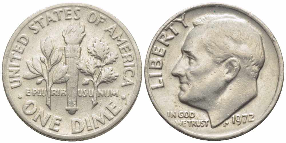 США 10 ЦЕНТОВ = 1 ДАЙМ 1972 РУЗВЕЛЬТ KM 195а медь плакированная медно-никелем 112-422