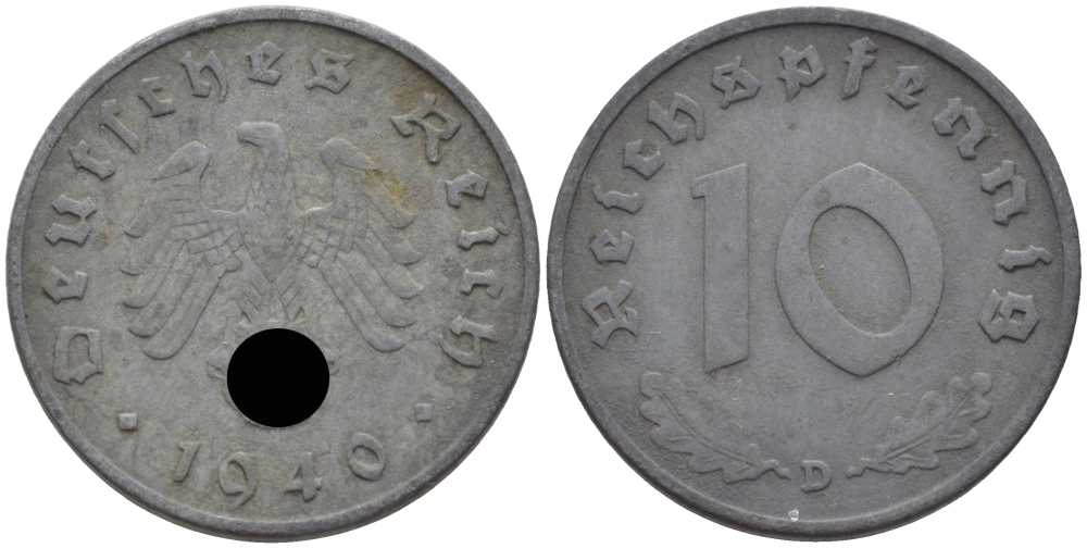 ГЕРМАНИЯ 10 РЕЙХСПФЕННИГОВ 1940 D KM 101, J. 371 цинк 4401-832