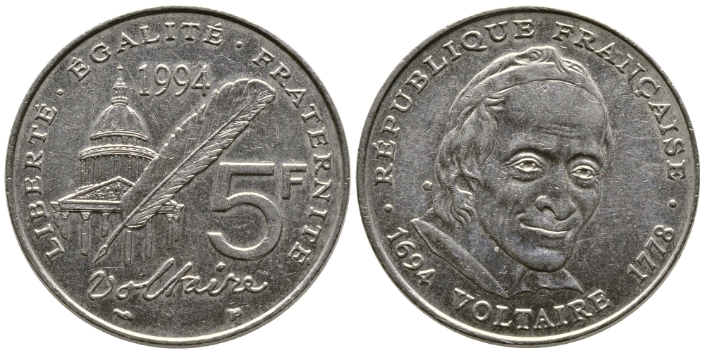 Франция 5 франков 1994 300 лет со дня рождения Вольтера KM 1063, Le Franc 344.2 медно-никель плакированный никелем 91-145