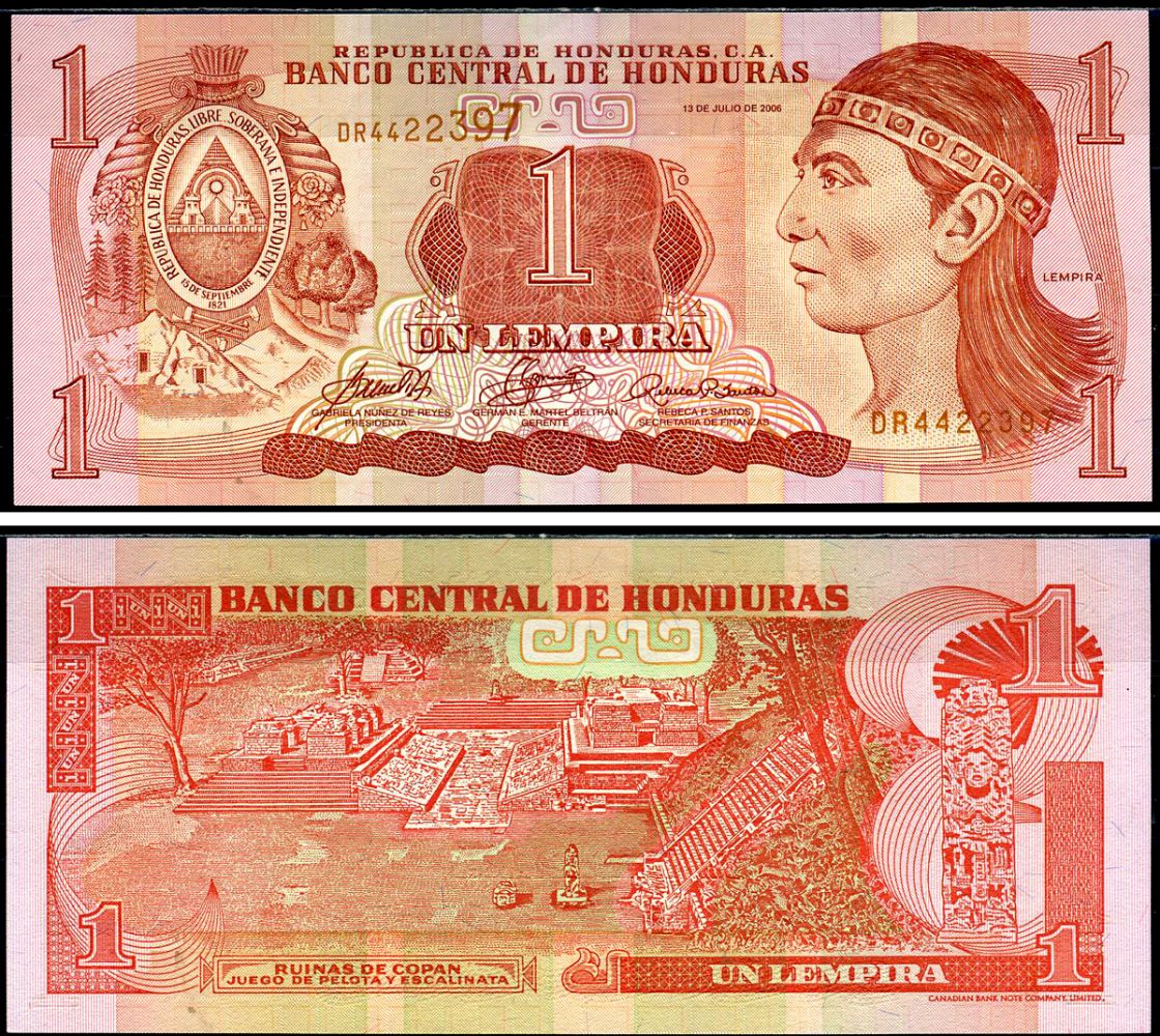Гондурас 1 лемпира 2006 Индейский вождь Лемпира, руины древних Майя Pick 84e бумага UNC (пресс) 6283-21-1-1