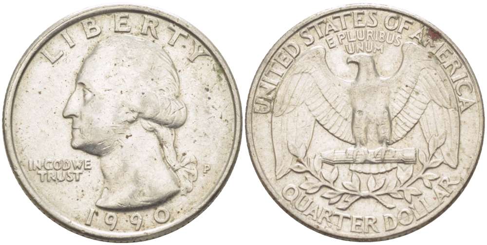 США 25 центов = квотер 1990 P, Вашингтон KM А164а медь плакированная медно-никелем 216-1056